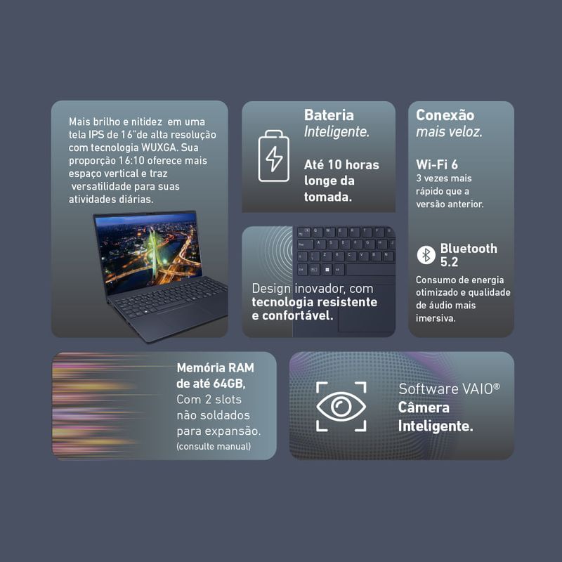 Notebook VAIO FE16 Intel® Core™ i5-1334U Linux 8GB RAM 256GB SSD 16" IPS WUXGA Antirreflexo - Cinza Grafite-1770127507972