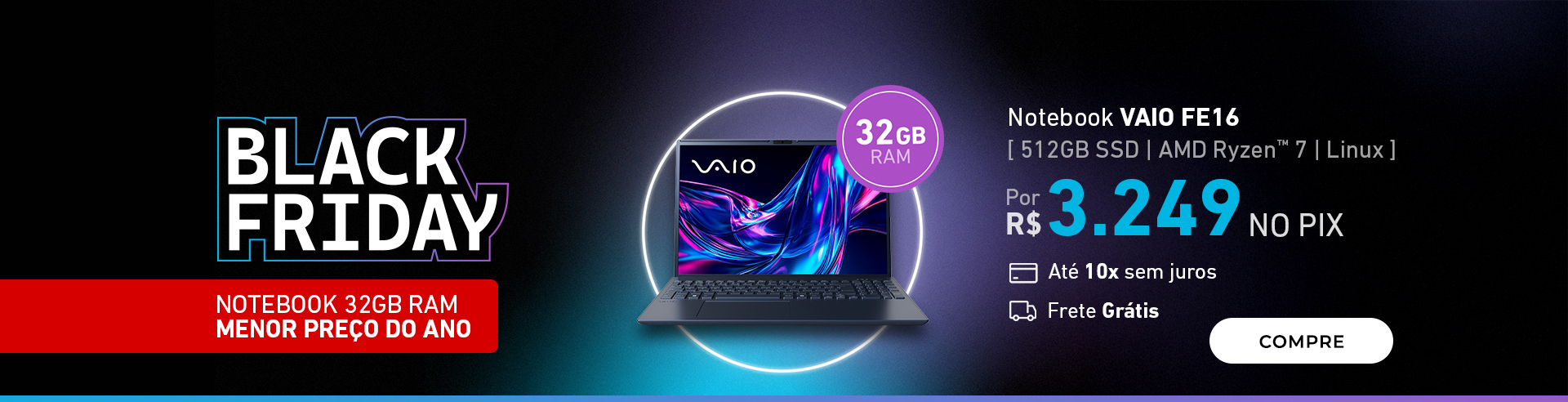 Notebook VAIO FE16 AMD® Ryzen 7-5825U Linux 32GB RAM 512GB SSD  - Menor Preço do Ano